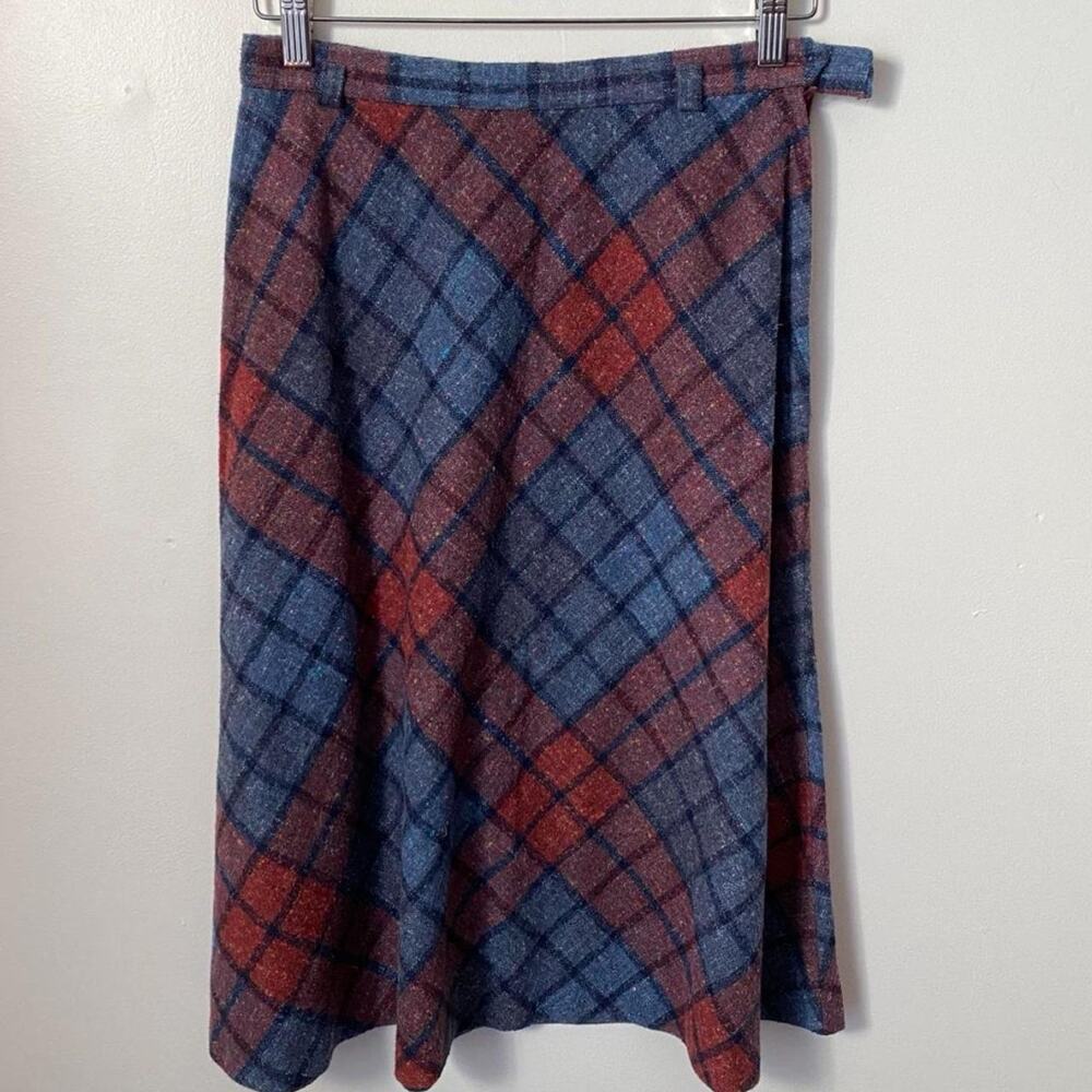Vintage Blue and Red Plaid Wool Midi Skirt Women's 12